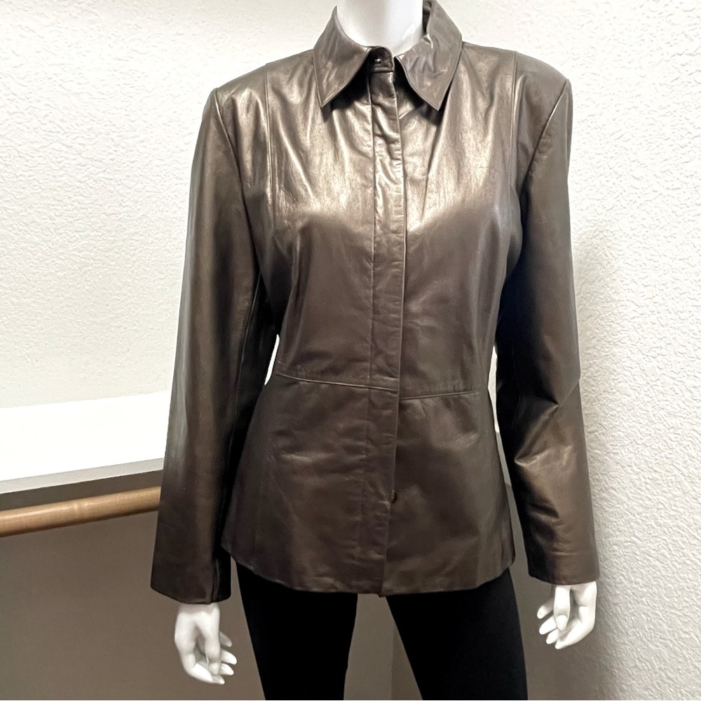 Apostrophe Beautiful Bronze Metallic Genuine Leather Button Up Blazer/Jacket